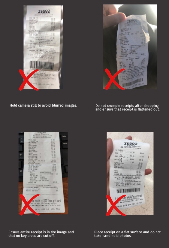 Four receipt photos marked with a red cross: blurred, crumpled, cut off at the edges, and hand-held at an angle