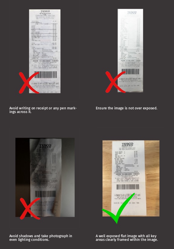 Three receipt photos to avoid: pen markings, over-exposure and heavy shadow, and one good photo of a flat, evenly lit receipt marked with a green tick